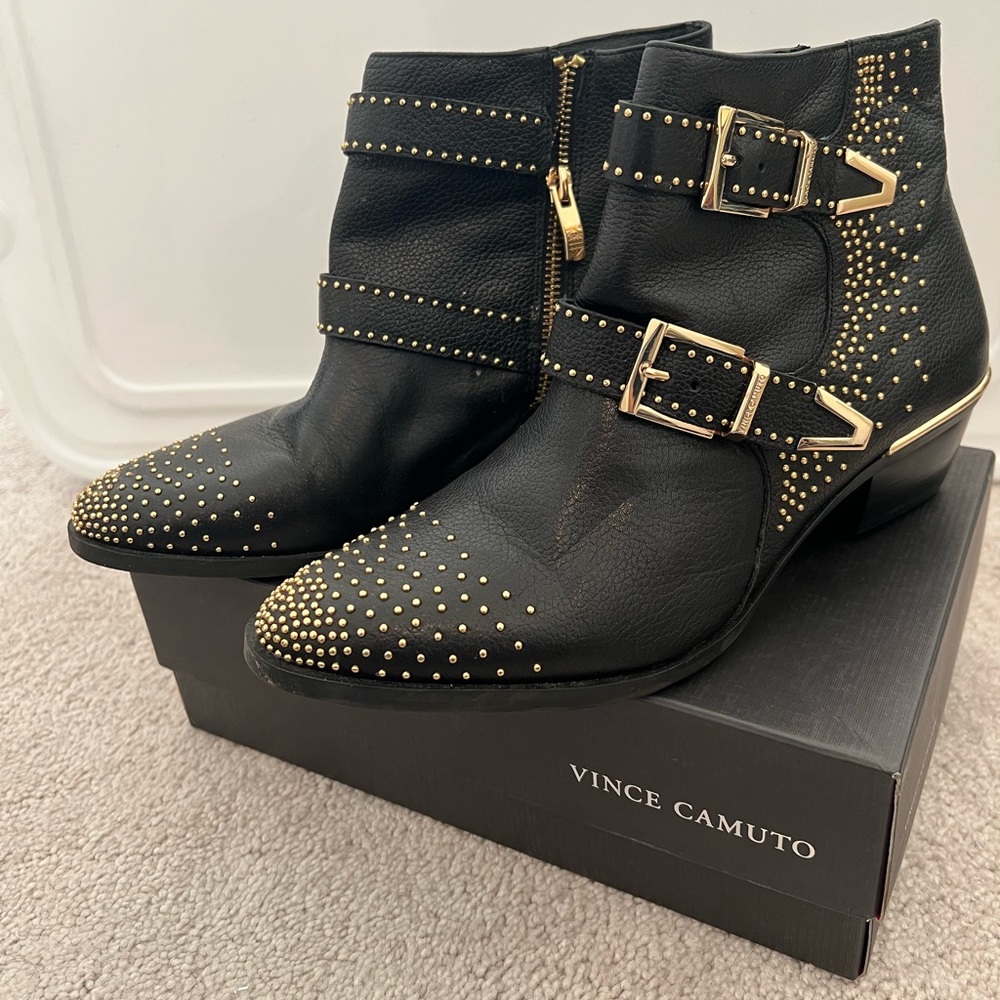 Vince Camuto Black Bootie with Gold Stud Detail